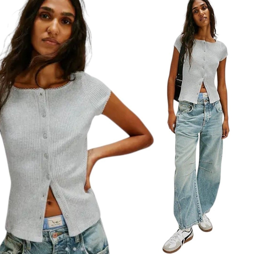Free People Light Gray Ribbed Short-Sleeve Button Cardigan Top